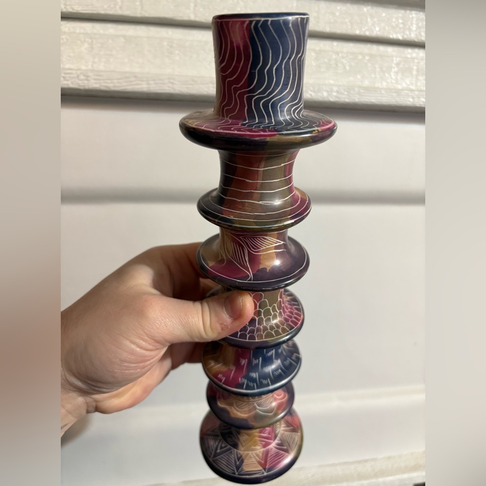 Mid century modern Colorful carved soapstone tiered Candle Holder